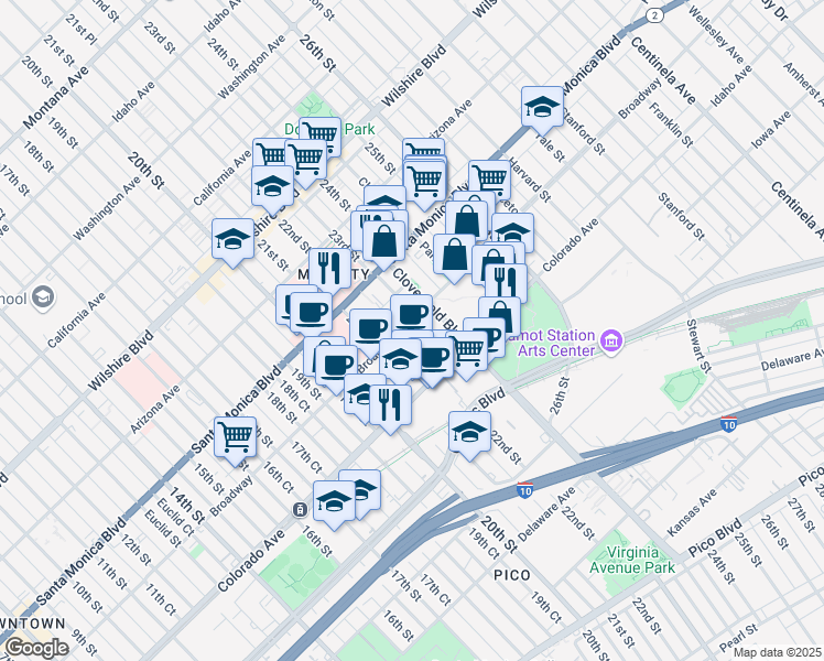 map of restaurants, bars, coffee shops, grocery stores, and more near 2218 Broadway in Santa Monica