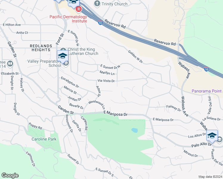 map of restaurants, bars, coffee shops, grocery stores, and more near 527 Camino Real in Redlands