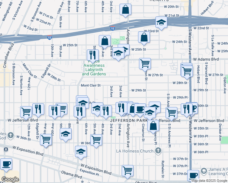 map of restaurants, bars, coffee shops, grocery stores, and more near 2902 3rd Avenue in Los Angeles