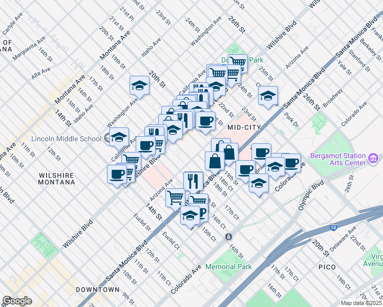 map of restaurants, bars, coffee shops, grocery stores, and more near 1253 18th Street in Santa Monica