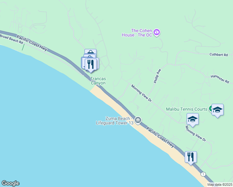 map of restaurants, bars, coffee shops, grocery stores, and more near 6453 Guernsey Avenue in Malibu
