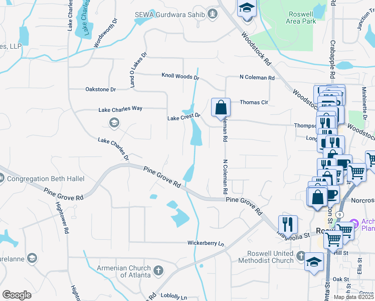 map of restaurants, bars, coffee shops, grocery stores, and more near 1115 Lake Drive in Roswell