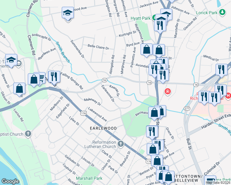 map of restaurants, bars, coffee shops, grocery stores, and more near 3409 Keenan Dr in Columbia