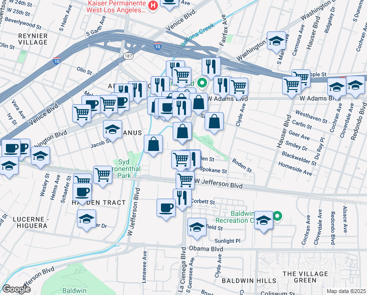 map of restaurants, bars, coffee shops, grocery stores, and more near 3221 South La Cienega Boulevard in Los Angeles