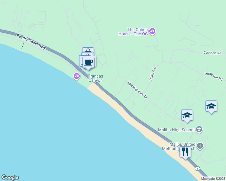 map of restaurants, bars, coffee shops, grocery stores, and more near 6453 Guernsey Avenue in Malibu