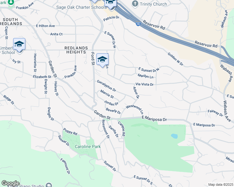 map of restaurants, bars, coffee shops, grocery stores, and more near 412 Eucalyptus Drive in Redlands