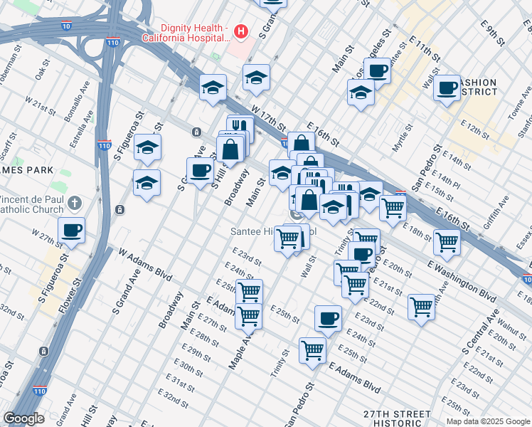 map of restaurants, bars, coffee shops, grocery stores, and more near 1961 South Los Angeles Street in Los Angeles