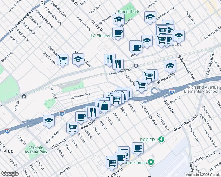 map of restaurants, bars, coffee shops, grocery stores, and more near 3330 Delaware Avenue in Santa Monica