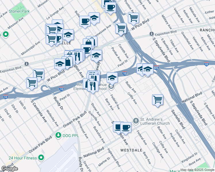 map of restaurants, bars, coffee shops, grocery stores, and more near 2533 Federal Avenue in Los Angeles
