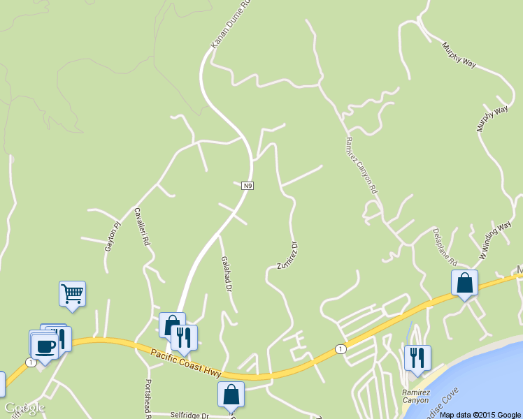 map of restaurants, bars, coffee shops, grocery stores, and more near 5908 Kanan Dume Road in Malibu