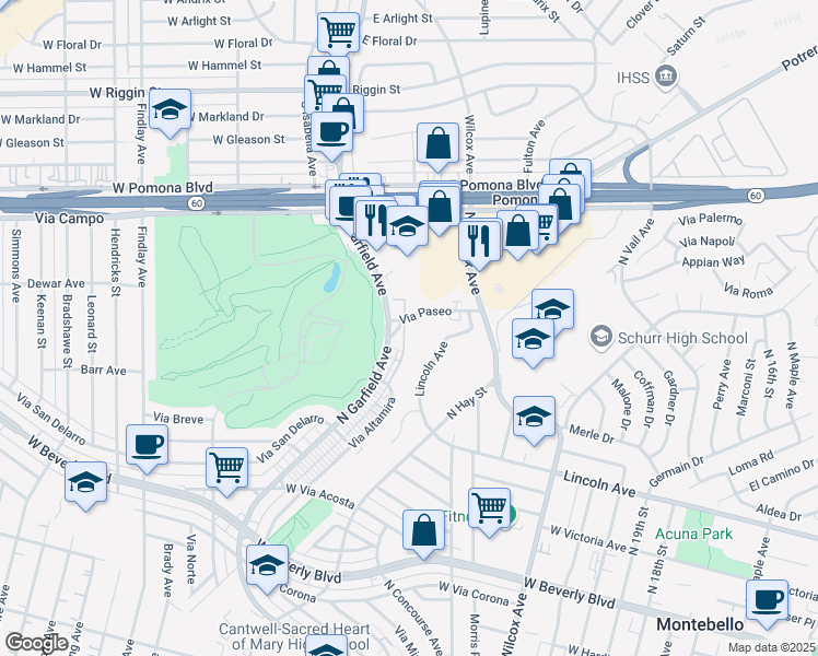 map of restaurants, bars, coffee shops, grocery stores, and more near 2741 Via Paseo in Montebello