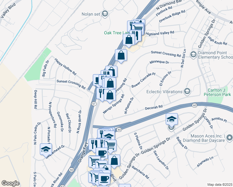 map of restaurants, bars, coffee shops, grocery stores, and more near 23440 Sunset Crossing Road in Diamond Bar