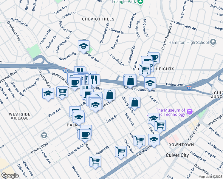 map of restaurants, bars, coffee shops, grocery stores, and more near 10136 National Boulevard in Los Angeles