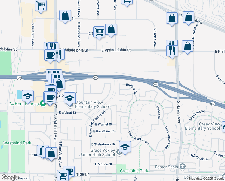 map of restaurants, bars, coffee shops, grocery stores, and more near 2437 South Woodlark Drive in Ontario