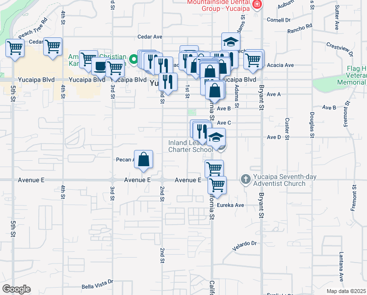map of restaurants, bars, coffee shops, grocery stores, and more near 12372 1st Street in Yucaipa