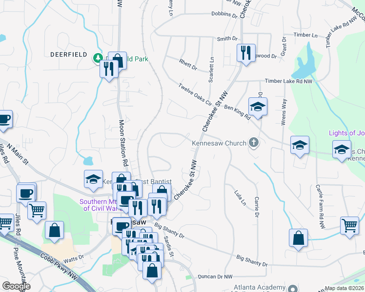 map of restaurants, bars, coffee shops, grocery stores, and more near 2043 White Oak Circle in Kennesaw
