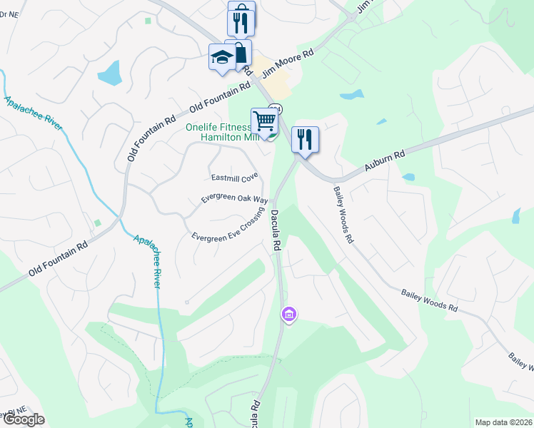 map of restaurants, bars, coffee shops, grocery stores, and more near 2885 Evergreen Eve Crossing in Dacula