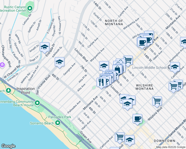 map of restaurants, bars, coffee shops, grocery stores, and more near 555 7th Street in Santa Monica