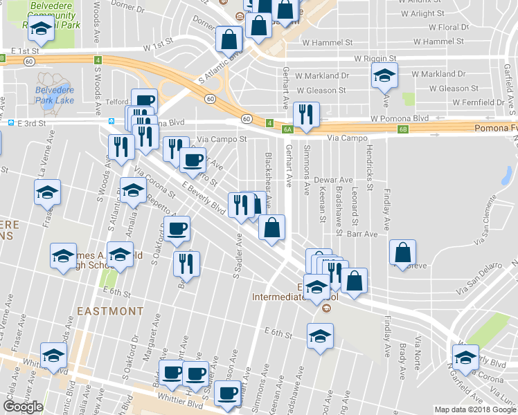 map of restaurants, bars, coffee shops, grocery stores, and more near 348 Twickenham Avenue in East Los Angeles