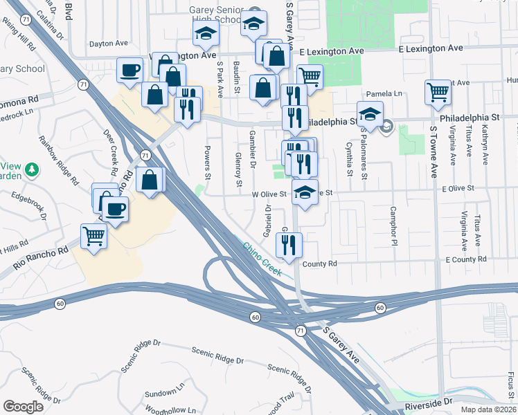 map of restaurants, bars, coffee shops, grocery stores, and more near 2322 Gambier Drive in Pomona