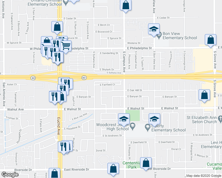 map of restaurants, bars, coffee shops, grocery stores, and more near 2442 Miramonte Avenue South in Ontario