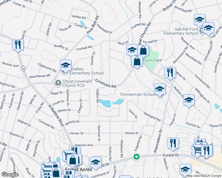 map of restaurants, bars, coffee shops, grocery stores, and more near 3422 Covenant Road in Columbia