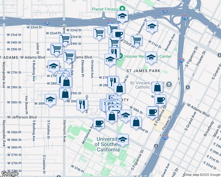 map of restaurants, bars, coffee shops, grocery stores, and more near 1124 West 28th Street in Los Angeles