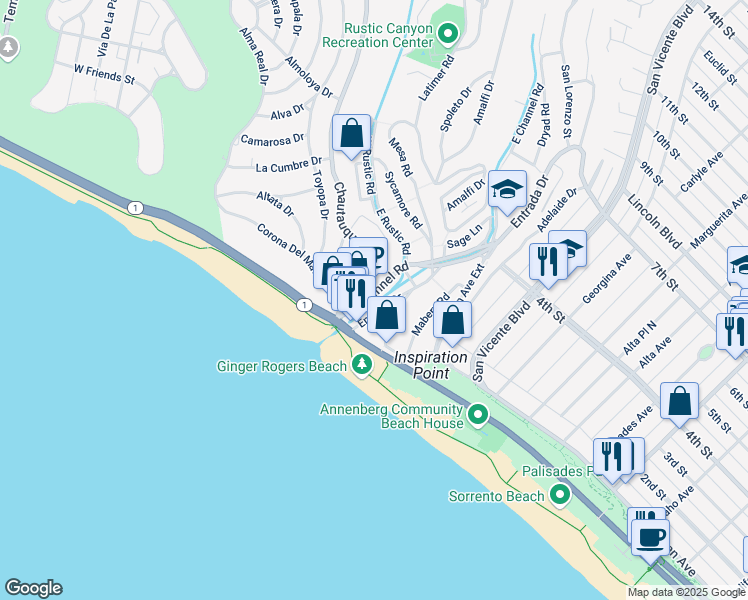 map of restaurants, bars, coffee shops, grocery stores, and more near 160 West Channel Road in Santa Monica