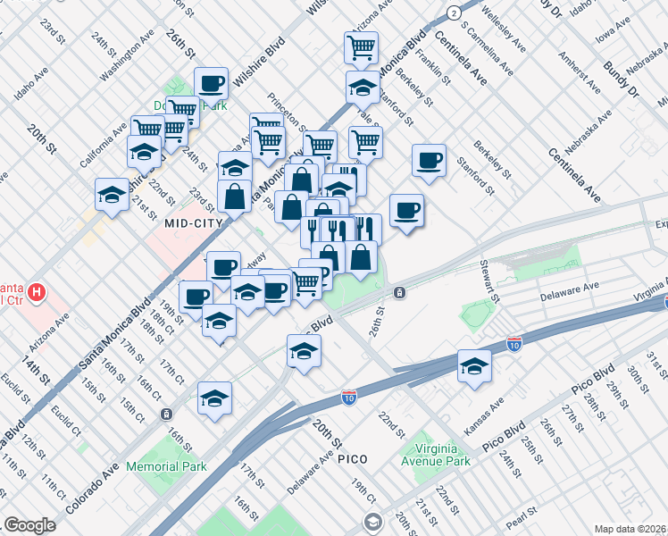 map of restaurants, bars, coffee shops, grocery stores, and more near 2450 Colorado Avenue in Santa Monica
