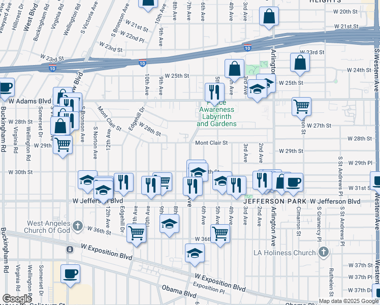 map of restaurants, bars, coffee shops, grocery stores, and more near 2820 7th Avenue in Los Angeles
