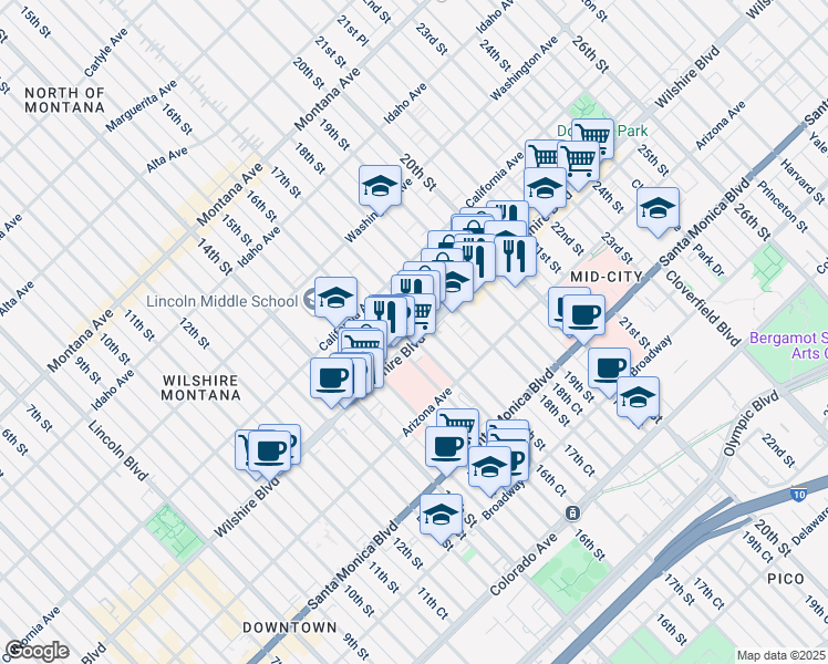 map of restaurants, bars, coffee shops, grocery stores, and more near 1621 Wilshire Boulevard in Santa Monica