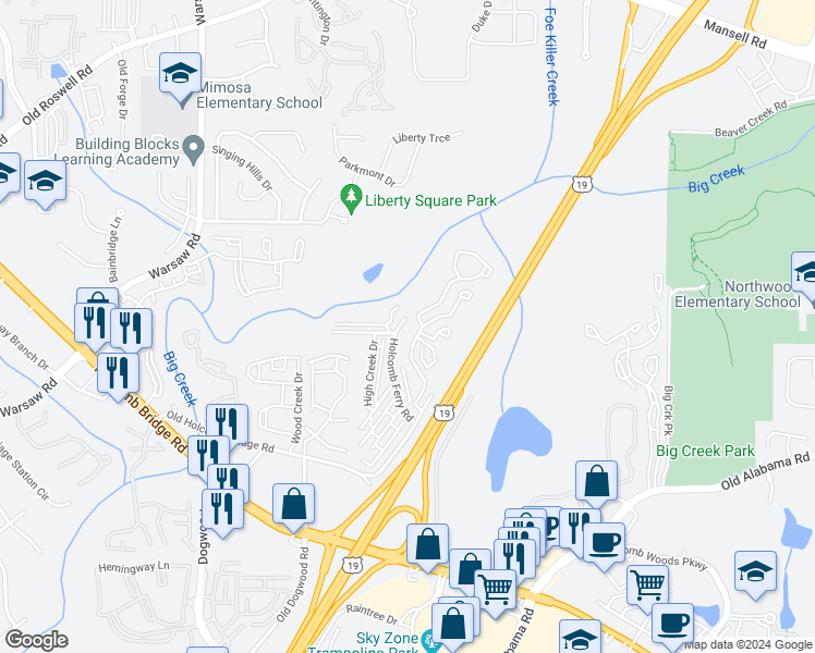 map of restaurants, bars, coffee shops, grocery stores, and more near 172 Holcomb Ferry Road in Roswell