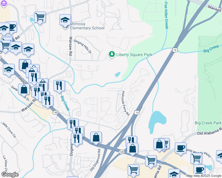 map of restaurants, bars, coffee shops, grocery stores, and more near 446 High Creek Trce in Roswell