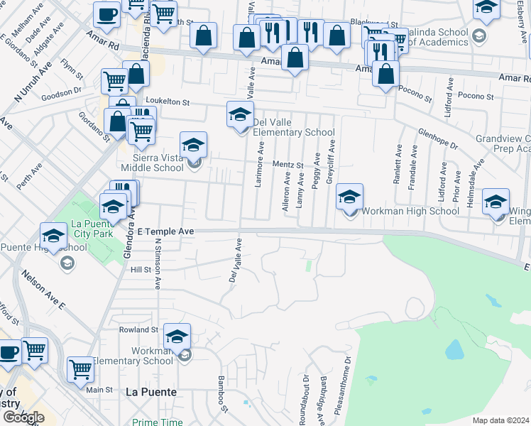 map of restaurants, bars, coffee shops, grocery stores, and more near 629 Ocala Avenue in La Puente