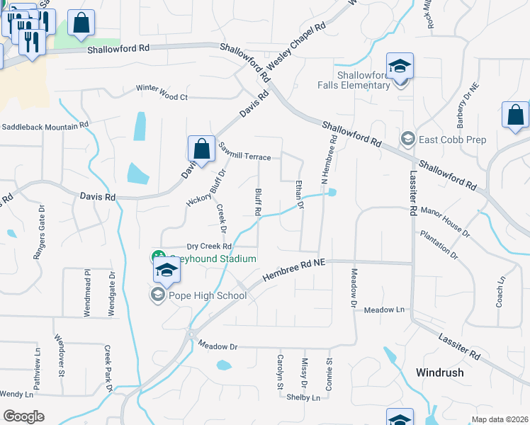 map of restaurants, bars, coffee shops, grocery stores, and more near 3265 Hembree Court in Marietta