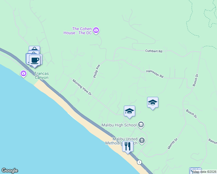 map of restaurants, bars, coffee shops, grocery stores, and more near 30431 Morning View Drive in Malibu