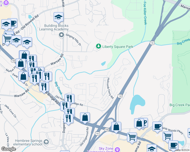 map of restaurants, bars, coffee shops, grocery stores, and more near 446 High Creek Trce in Roswell