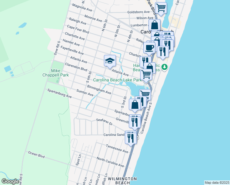 map of restaurants, bars, coffee shops, grocery stores, and more near 314 Birmingham Avenue in Carolina Beach