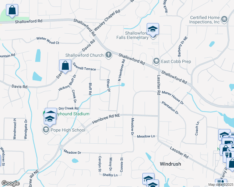 map of restaurants, bars, coffee shops, grocery stores, and more near 3189 North Hembree Road in Marietta