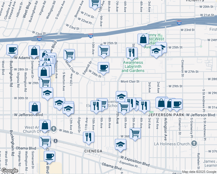 map of restaurants, bars, coffee shops, grocery stores, and more near 2821 8th Avenue in Los Angeles