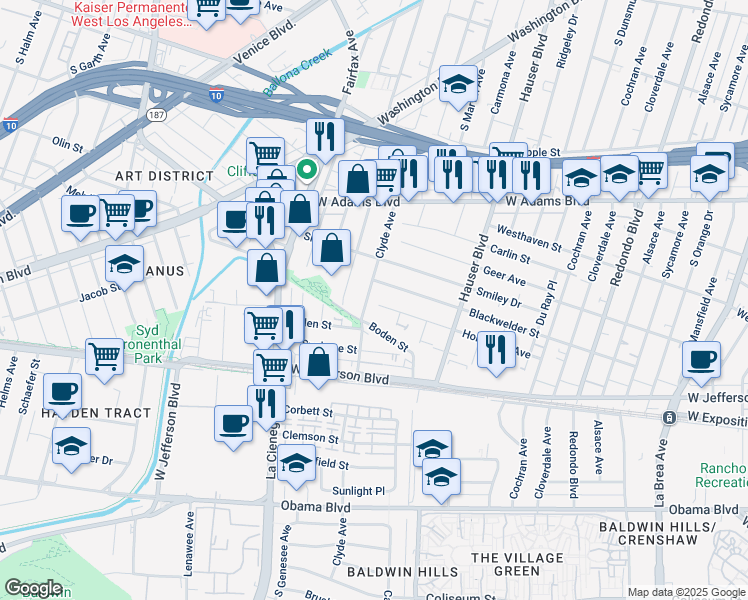 map of restaurants, bars, coffee shops, grocery stores, and more near 2750 Clyde Avenue in Los Angeles