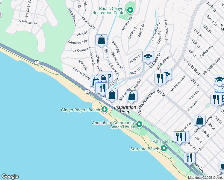 map of restaurants, bars, coffee shops, grocery stores, and more near 207 Entrada Drive in Santa Monica