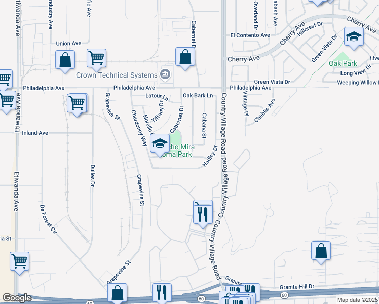map of restaurants, bars, coffee shops, grocery stores, and more near 3257 Tamarack Way in Jurupa Valley