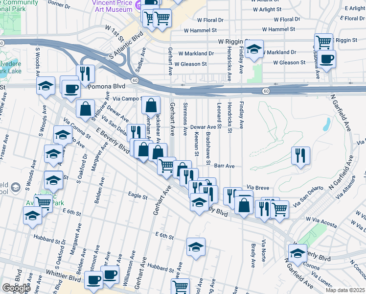 map of restaurants, bars, coffee shops, grocery stores, and more near 329 Simmons Avenue in Montebello