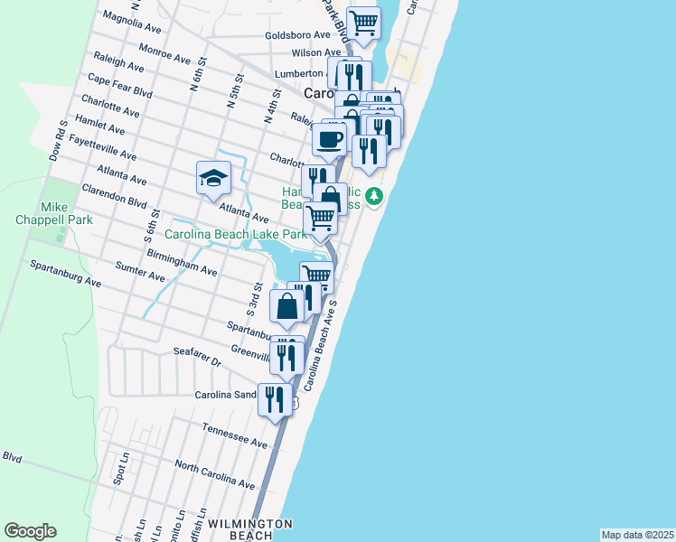 map of restaurants, bars, coffee shops, grocery stores, and more near 503 Lake Park Boulevard South in Carolina Beach