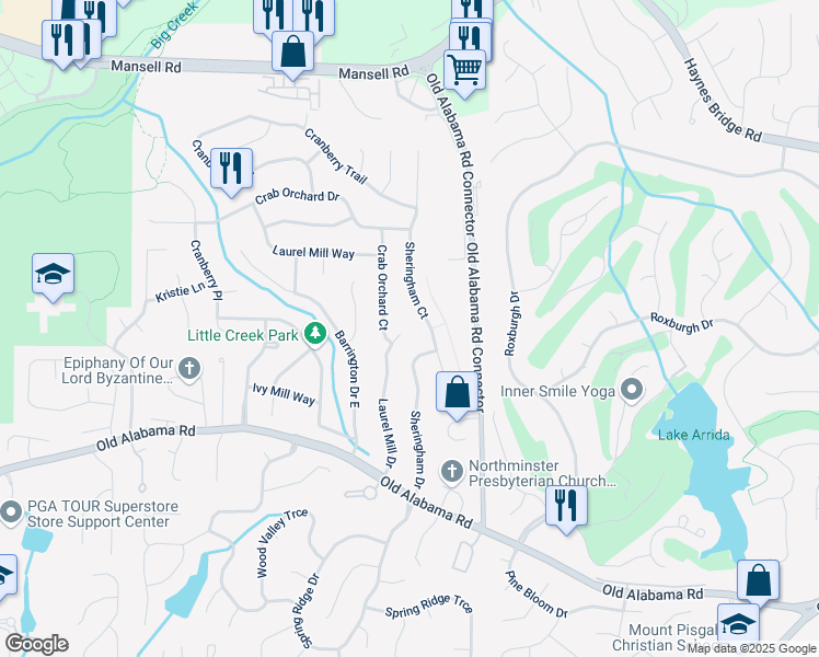 map of restaurants, bars, coffee shops, grocery stores, and more near 845 Laurel Mill Drive in Roswell