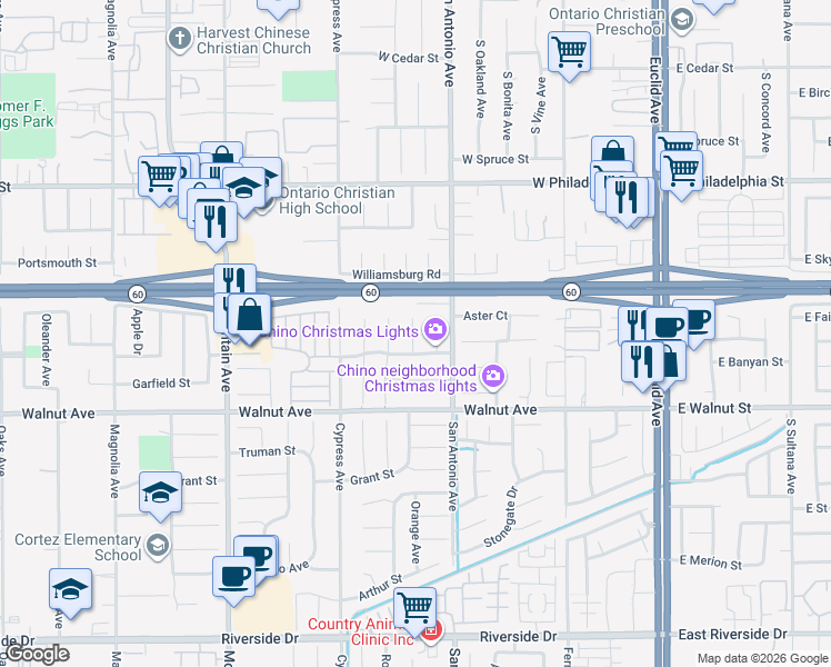 map of restaurants, bars, coffee shops, grocery stores, and more near 12367 Orange Avenue in Chino
