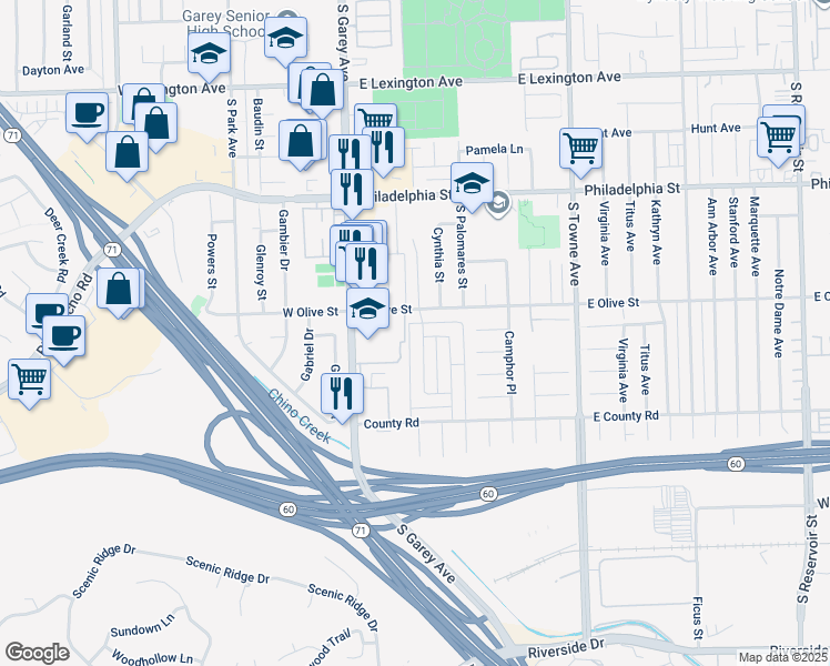 map of restaurants, bars, coffee shops, grocery stores, and more near 2325 Angela Street in Pomona