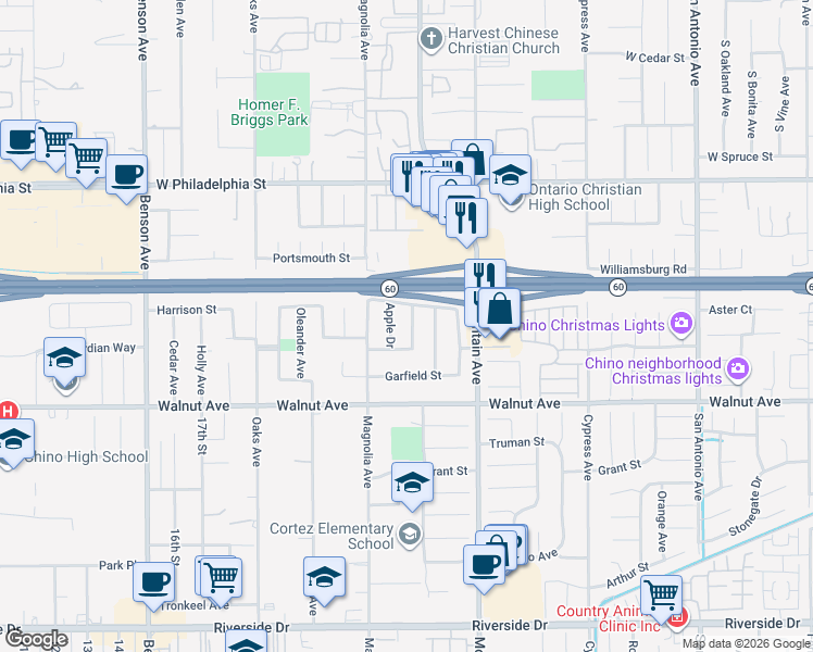 map of restaurants, bars, coffee shops, grocery stores, and more near 12364 Aralia Dr in Chino