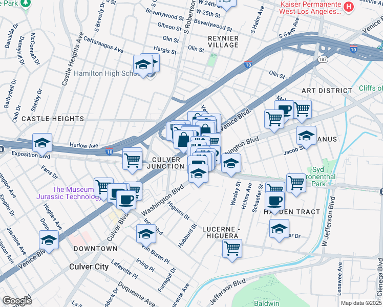 map of restaurants, bars, coffee shops, grocery stores, and more near 8908 Venice Boulevard in Culver City
